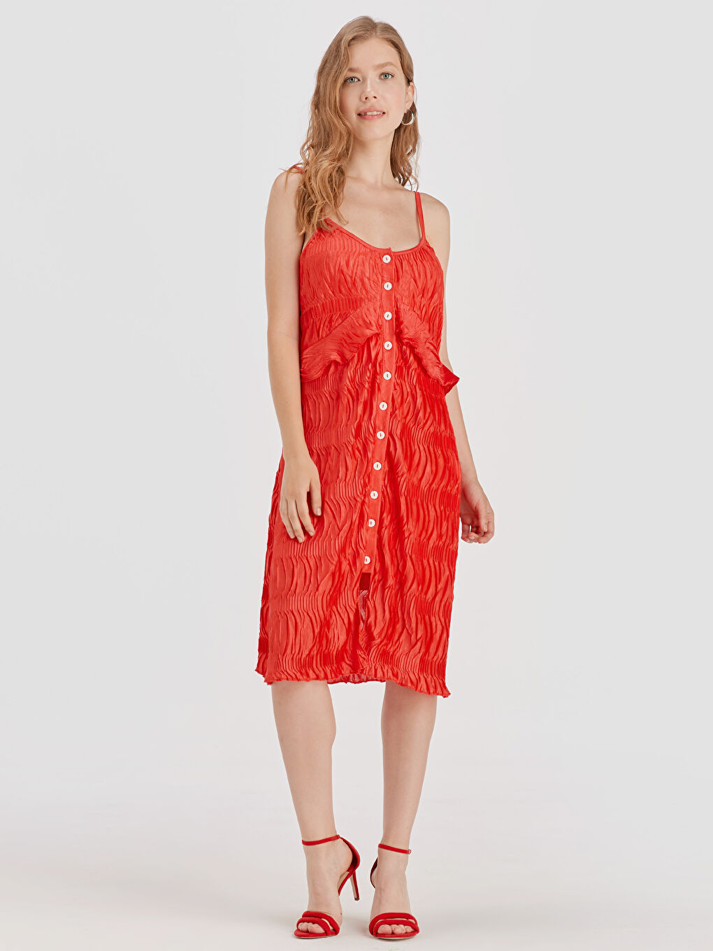 Kırmızı Askılı Poplin Kadın Elbise-1