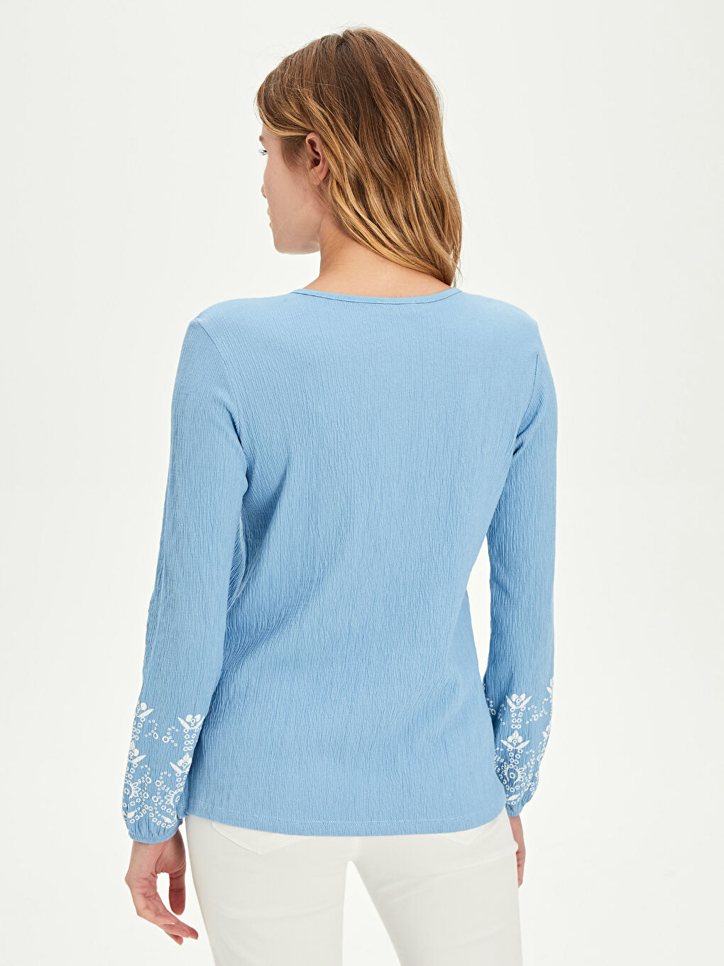 Mavi Yakası Püsküllü Baskılı Uzun Kollu Pamuklu Kadın Tişört-3