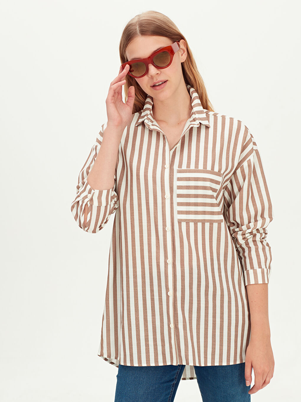 Kahverengi Gömlek Yaka Uzun Kollu Kadın Gömlek