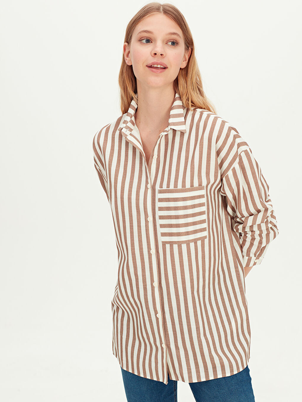 Kahverengi Gömlek Yaka Uzun Kollu Kadın Gömlek-1