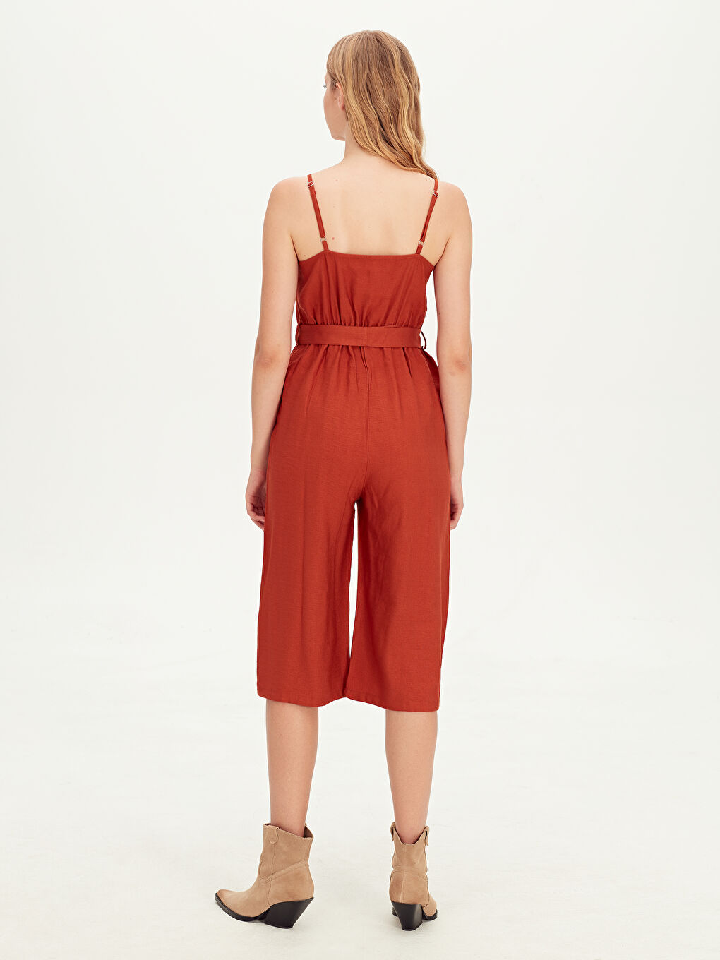 Turuncu Kuşaklı Askılı Kadın Viskon Tulum-2