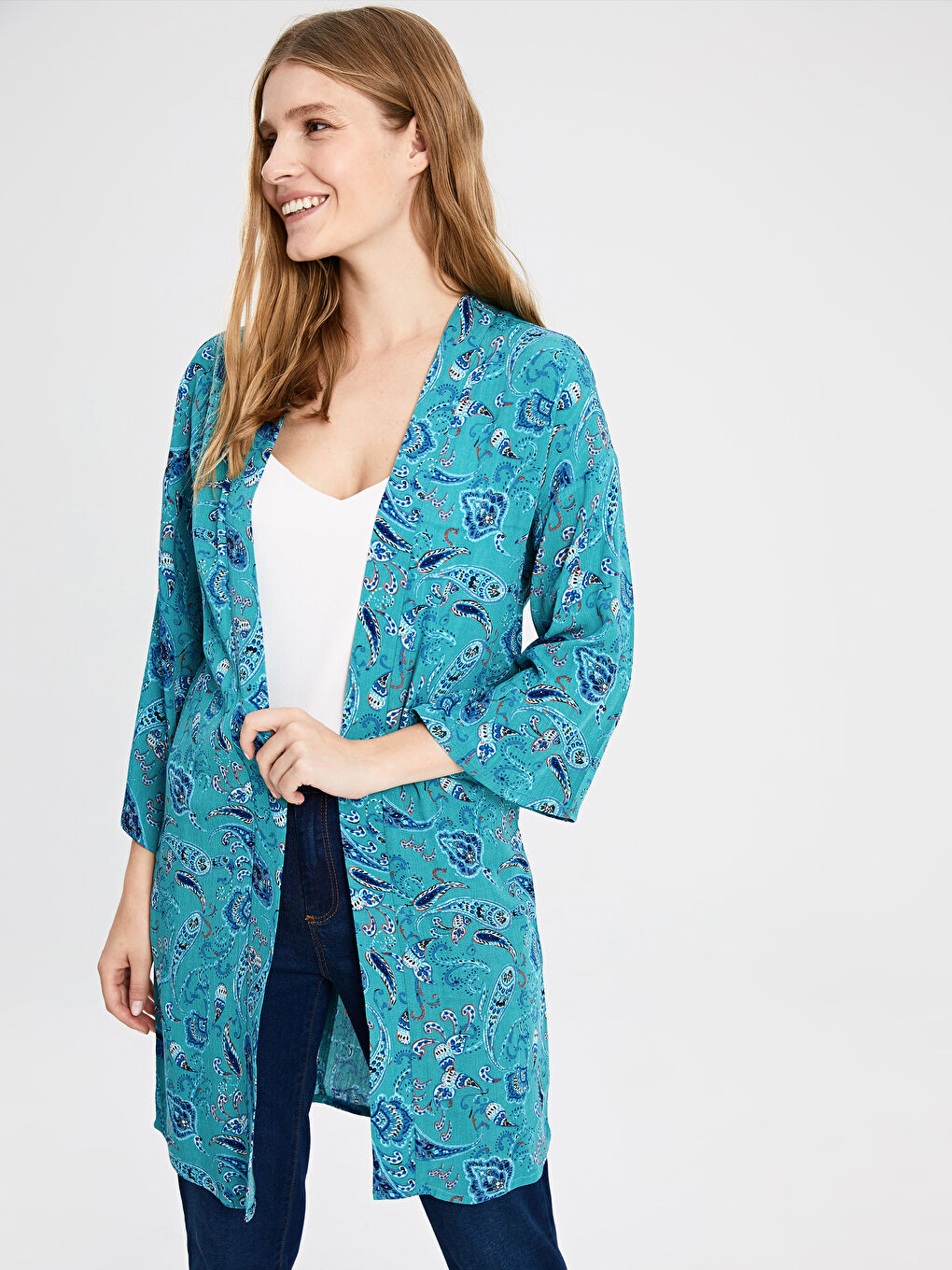 Yeşil Desenli Viskon Uzun Kollu Kadın Kimono