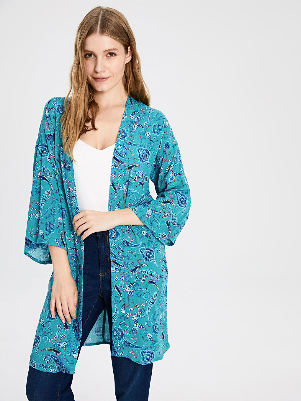 Yeşil Desenli Viskon Uzun Kollu Kadın Kimono-1