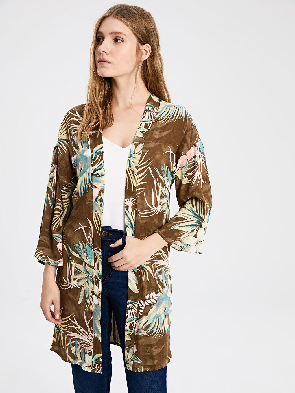 Haki Desenli Viskon Uzun Kollu Kadın Kimono