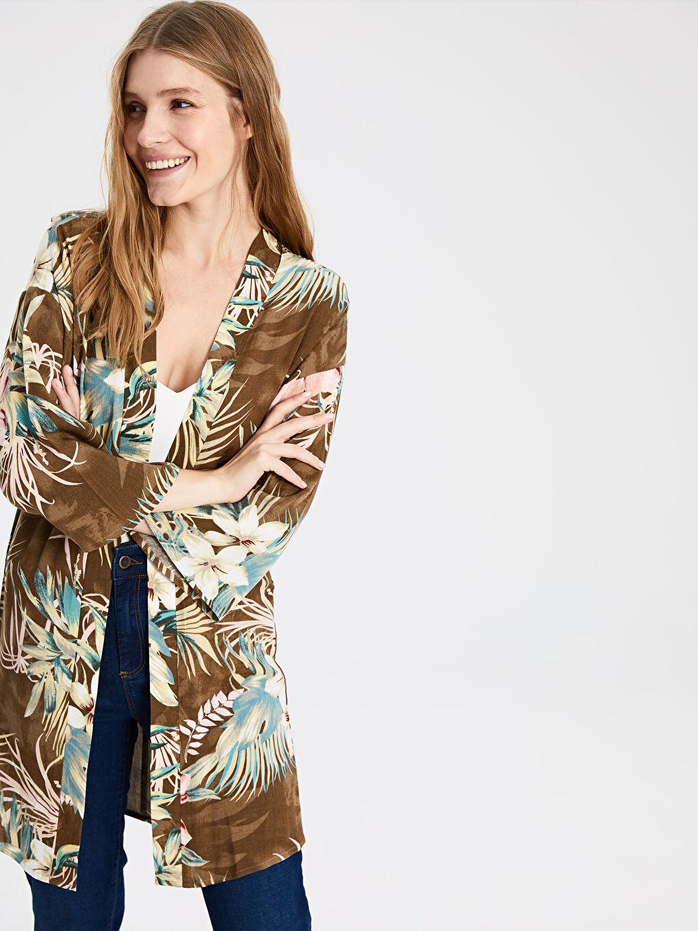 Haki Desenli Viskon Uzun Kollu Kadın Kimono-1