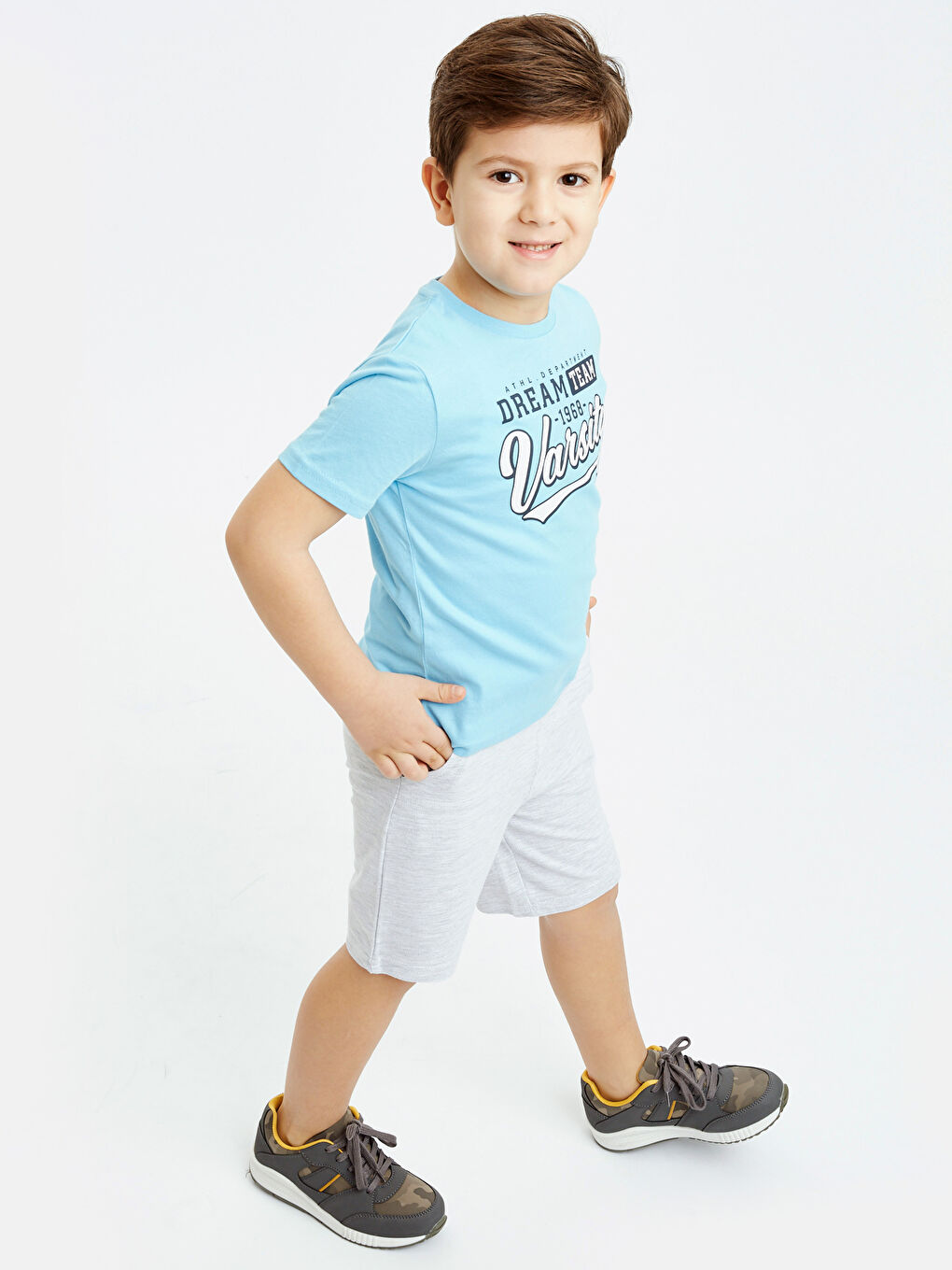 Gri Erkek Çocuk Beli Lastikli Pamuklu Şort