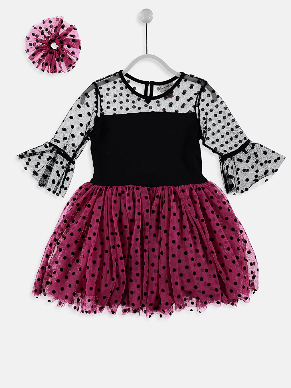 Fuşya Bisiklet Yaka Puantiye Desenli Kız Çocuk Elbise ve Toka