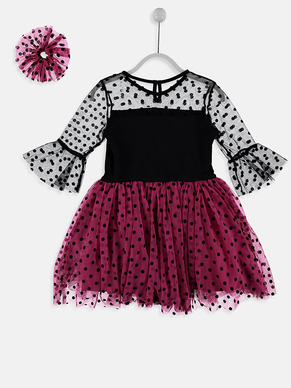 Fuşya Bisiklet Yaka Puantiye Desenli Kız Çocuk Elbise ve Toka-1