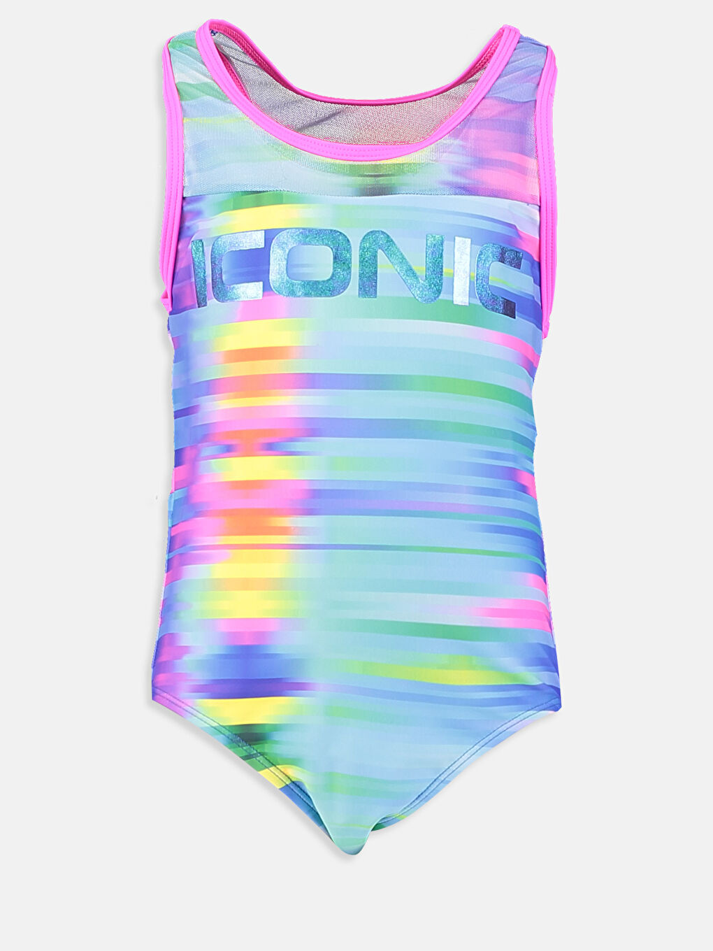 Turkuaz Esnek Kumaştan Baskılı Sırt Detaylı Kız Çocuk Mayo