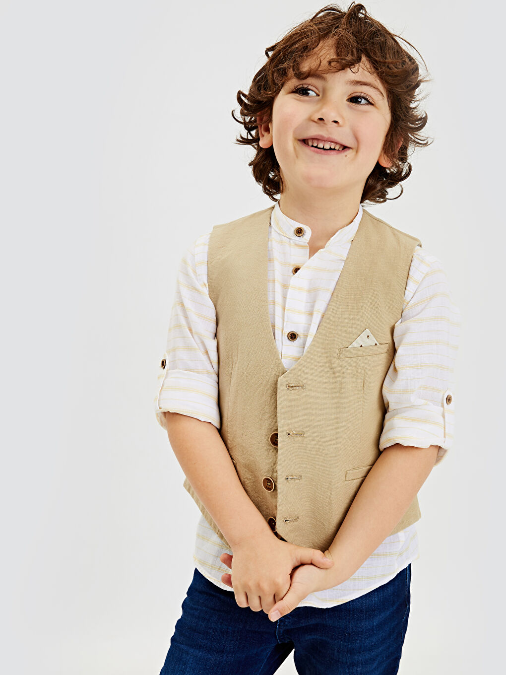Haki V Yaka Pamuklu Erkek Çocuk Yelek-4