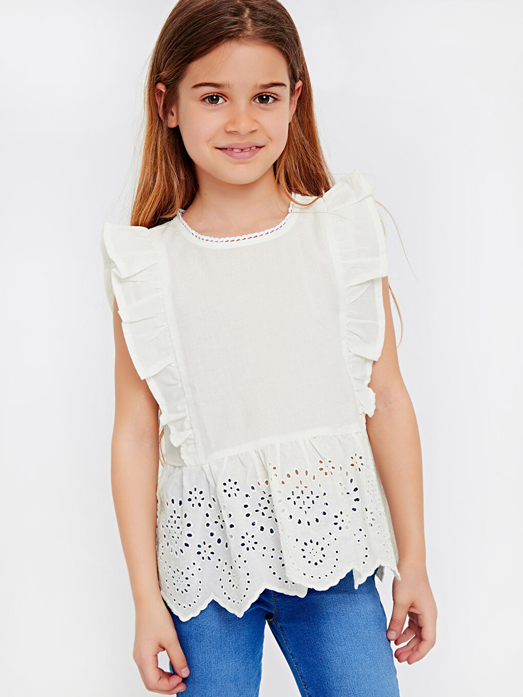 Beyaz Bisiklet Yaka Kız Çocuk Bluz