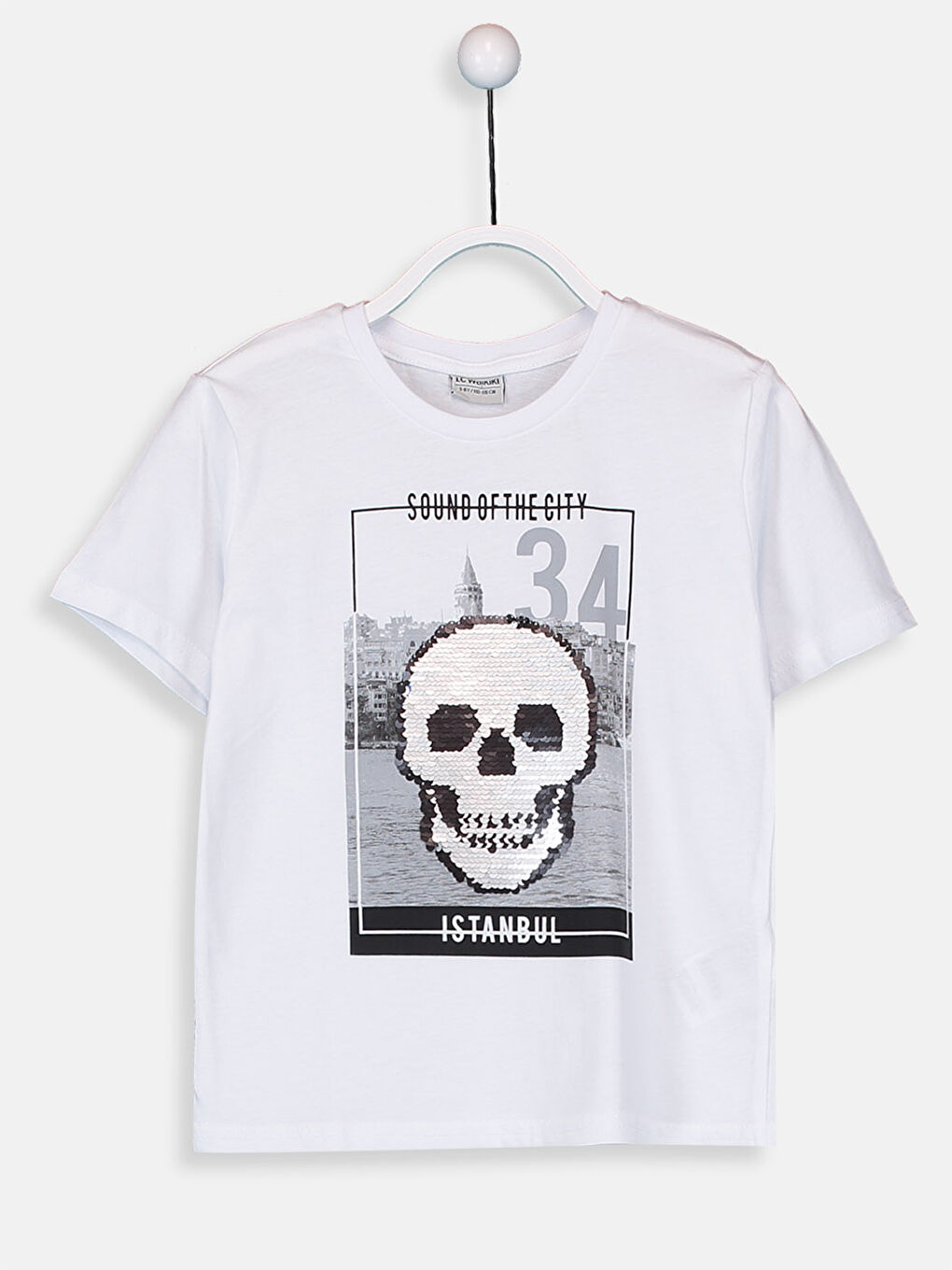 Beyaz Bisiklet Yaka Baskılı Kısa Kollu Erkek Çocuk Tişört