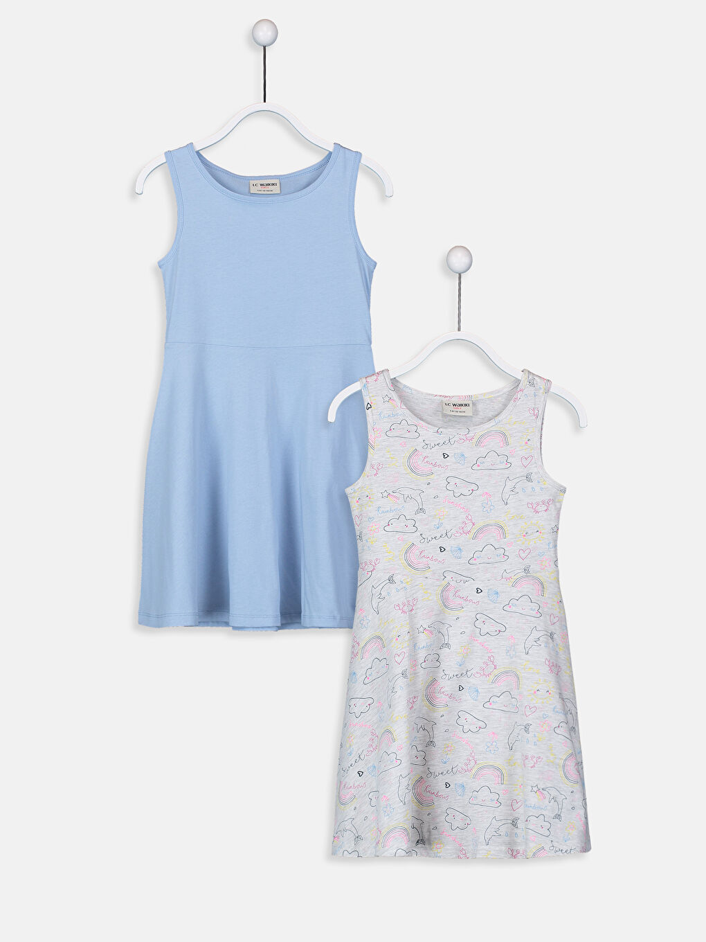 Gri Bisiklet Yaka Pamuklu Kız Çocuk Elbise 2'li