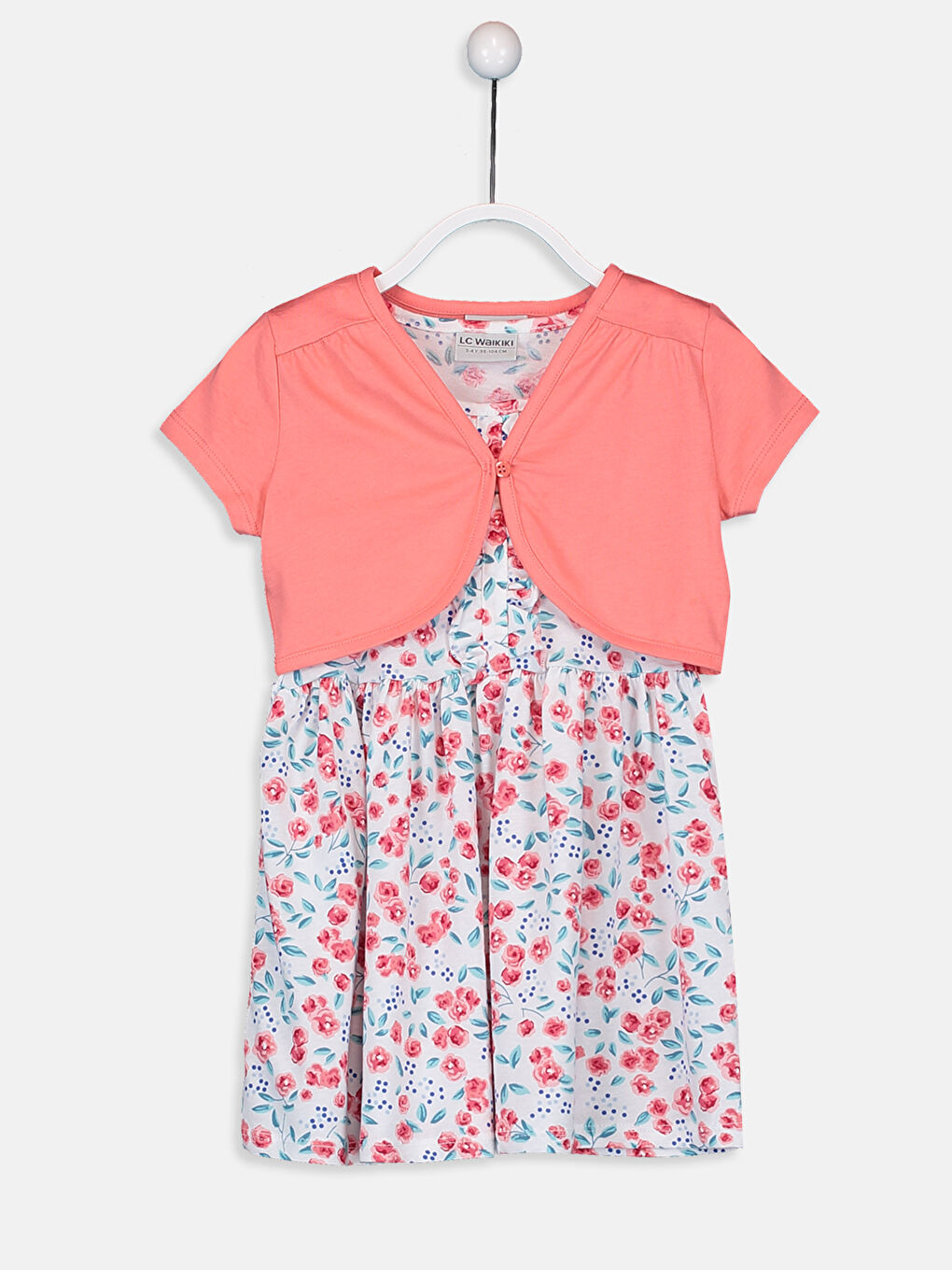 Beyaz Bisiklet Yaka Baskılı Pamuklu Kız Çocuk Elbise ve Bolero