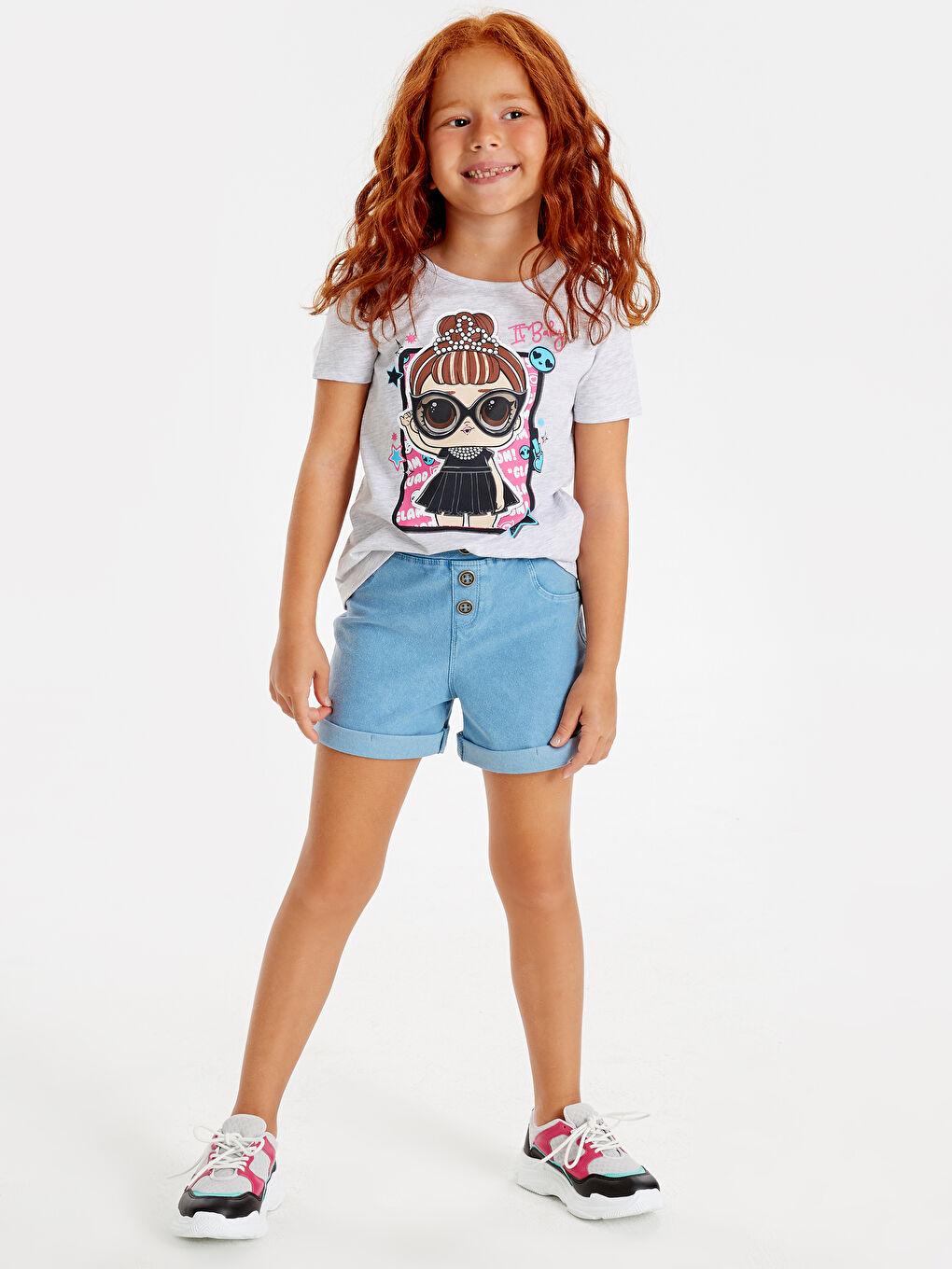 Gri Bisiklet Yaka LOL Surprise OMG Lisanslı Kısa Kollu Kız Çocuk Tişört