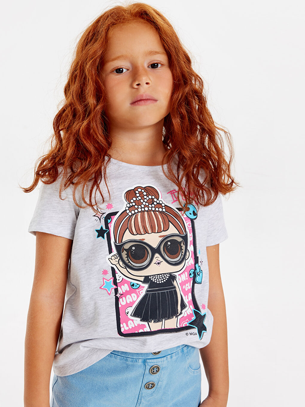Gri Bisiklet Yaka LOL Surprise OMG Lisanslı Kısa Kollu Kız Çocuk Tişört-1