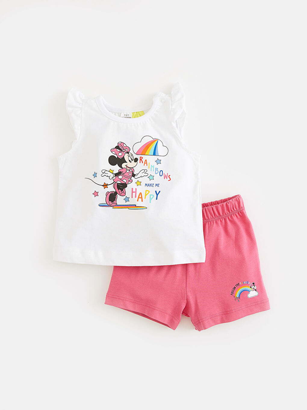 Beyaz Bisiklet Yaka Kolsuz Minnie Mouse Baskılı Kız Bebek Pijama Takımı-1