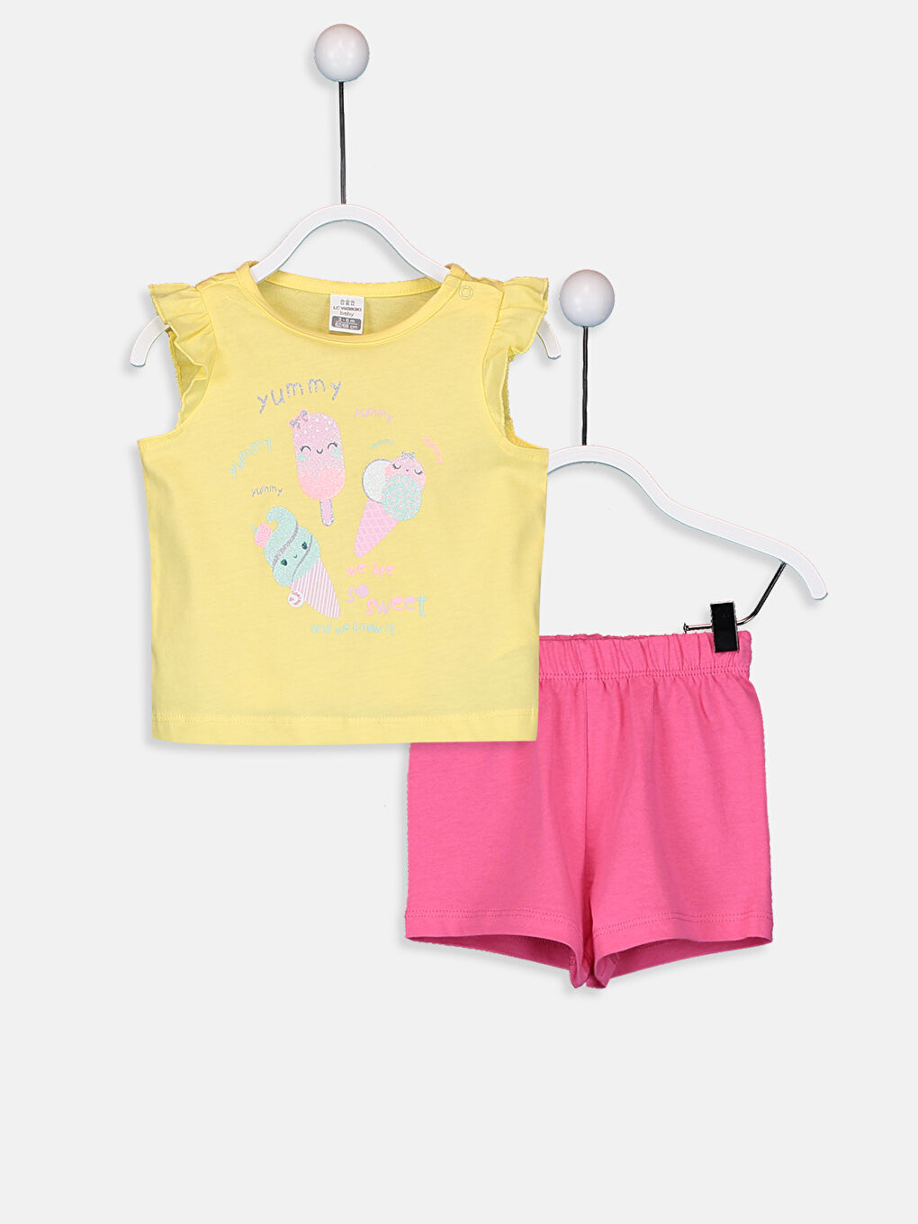 Sarı Bisiklet Yaka Kolsuz Baskılı Kız Bebek Pijama Takımı