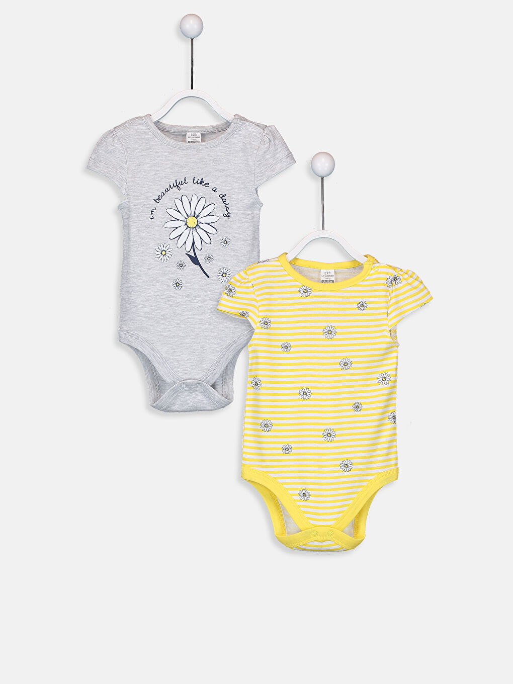 Beyaz Bisiklet Yaka Kısa Kollu Kız Bebek Çıtçıtlı Bodysuit 2'li