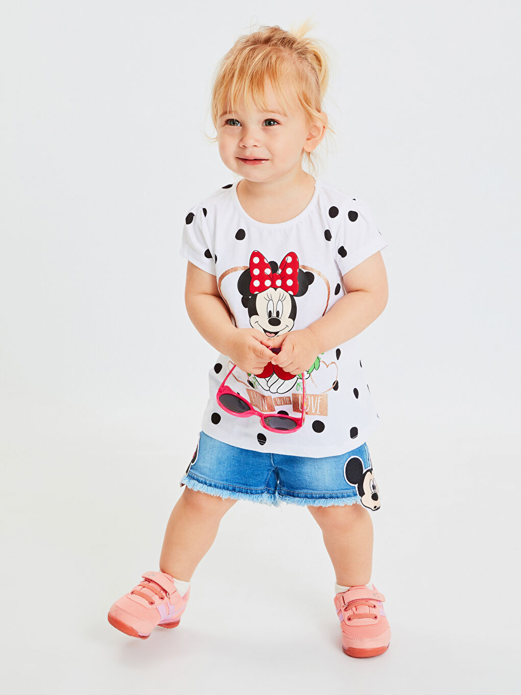 İndigo Kız Bebek Mickey ve Minnie Mouse Baskılı Jean Şort