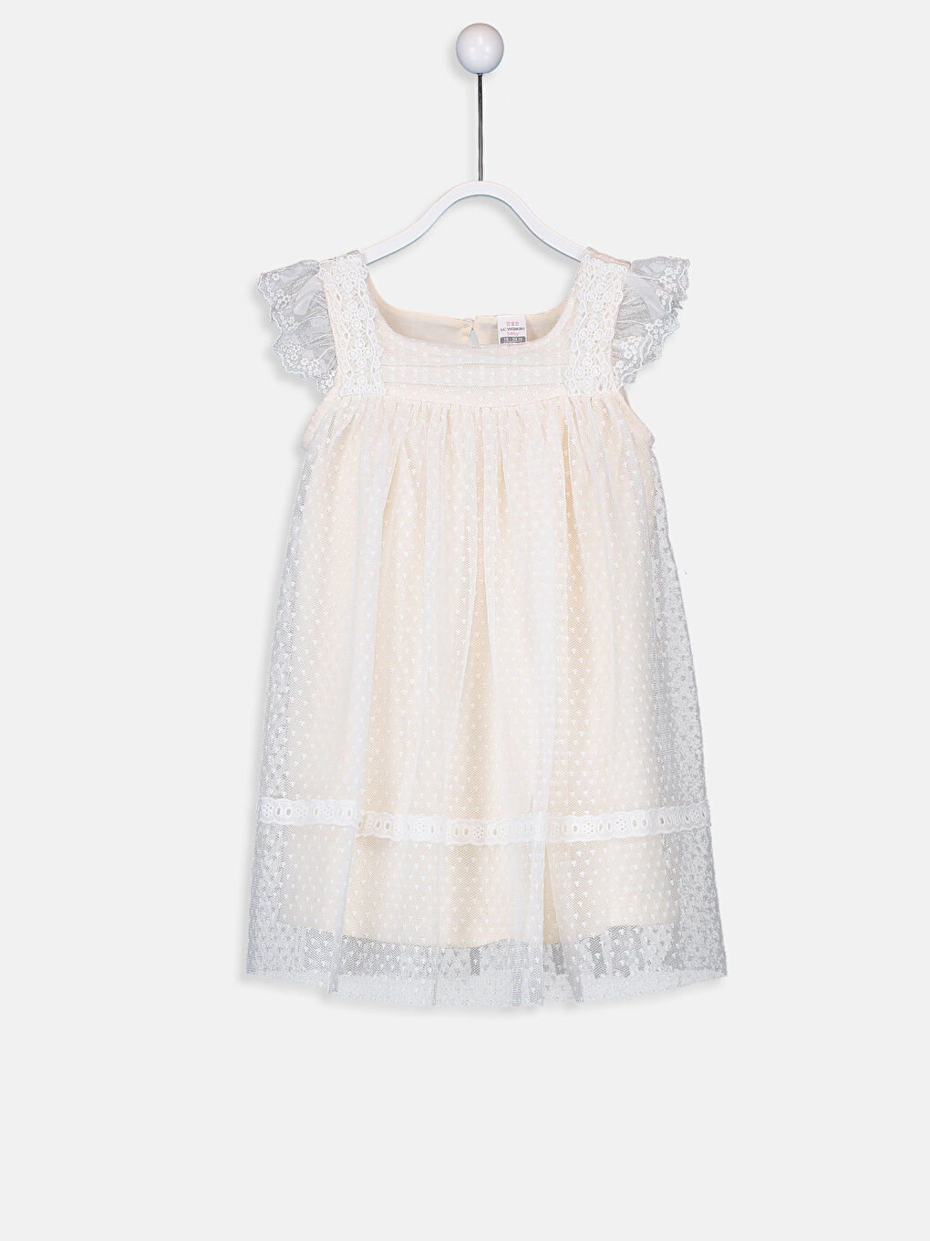 Ekru Kare Yaka Desenli Kız Bebek Elbise