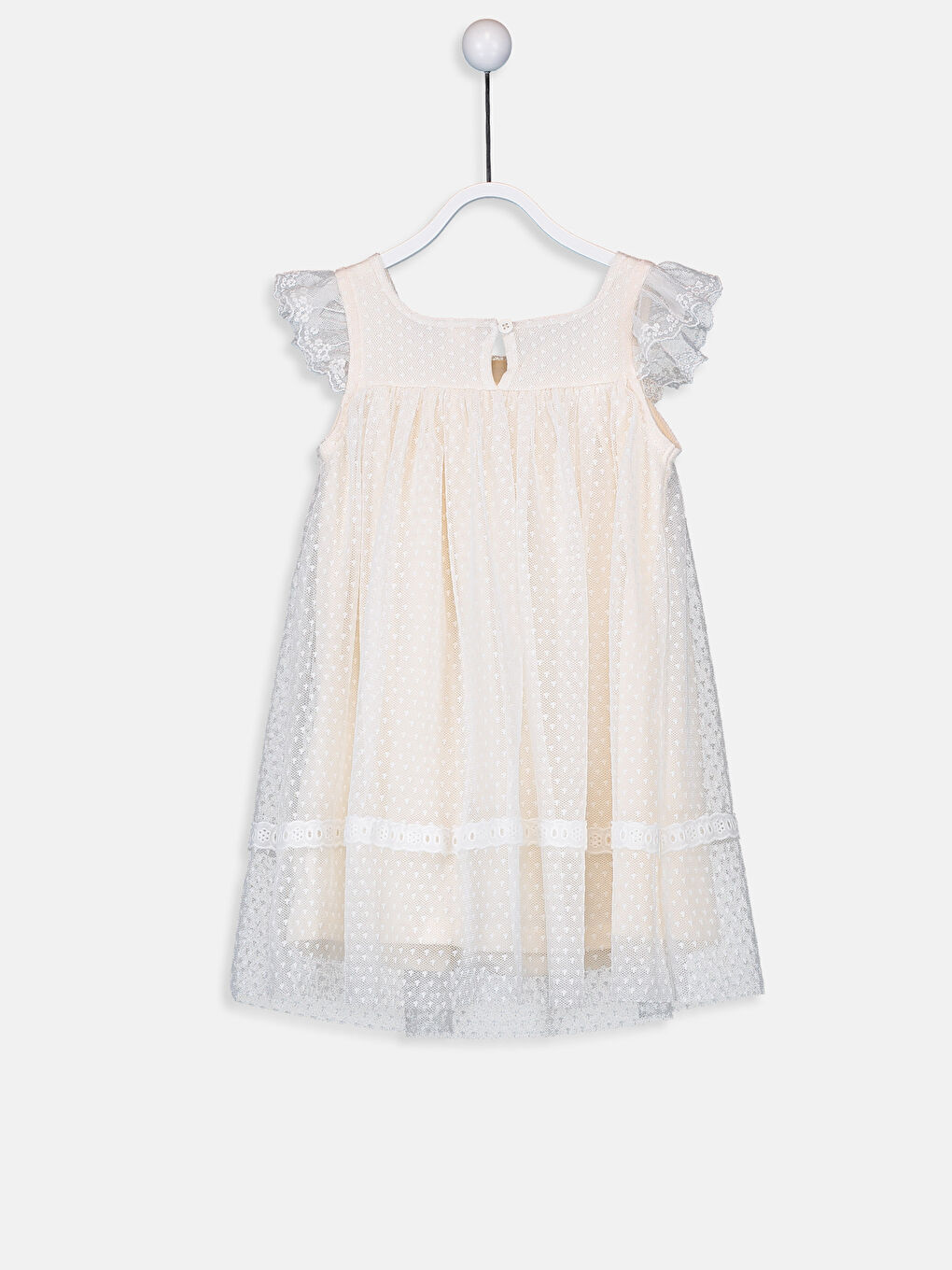 Ekru Kare Yaka Desenli Kız Bebek Elbise-1