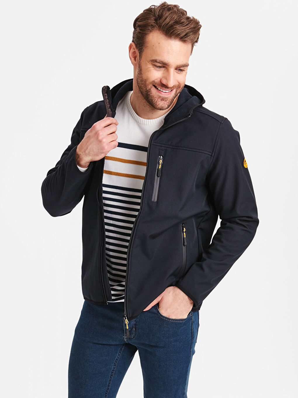 Lacivert Kapüşonlu Dik Yaka İnce Erkek Yağmurluk