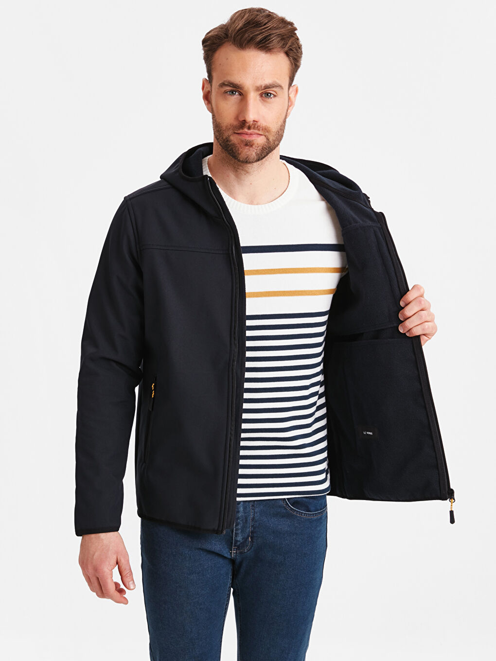 Lacivert Kapüşonlu Dik Yaka İnce Erkek Yağmurluk-1