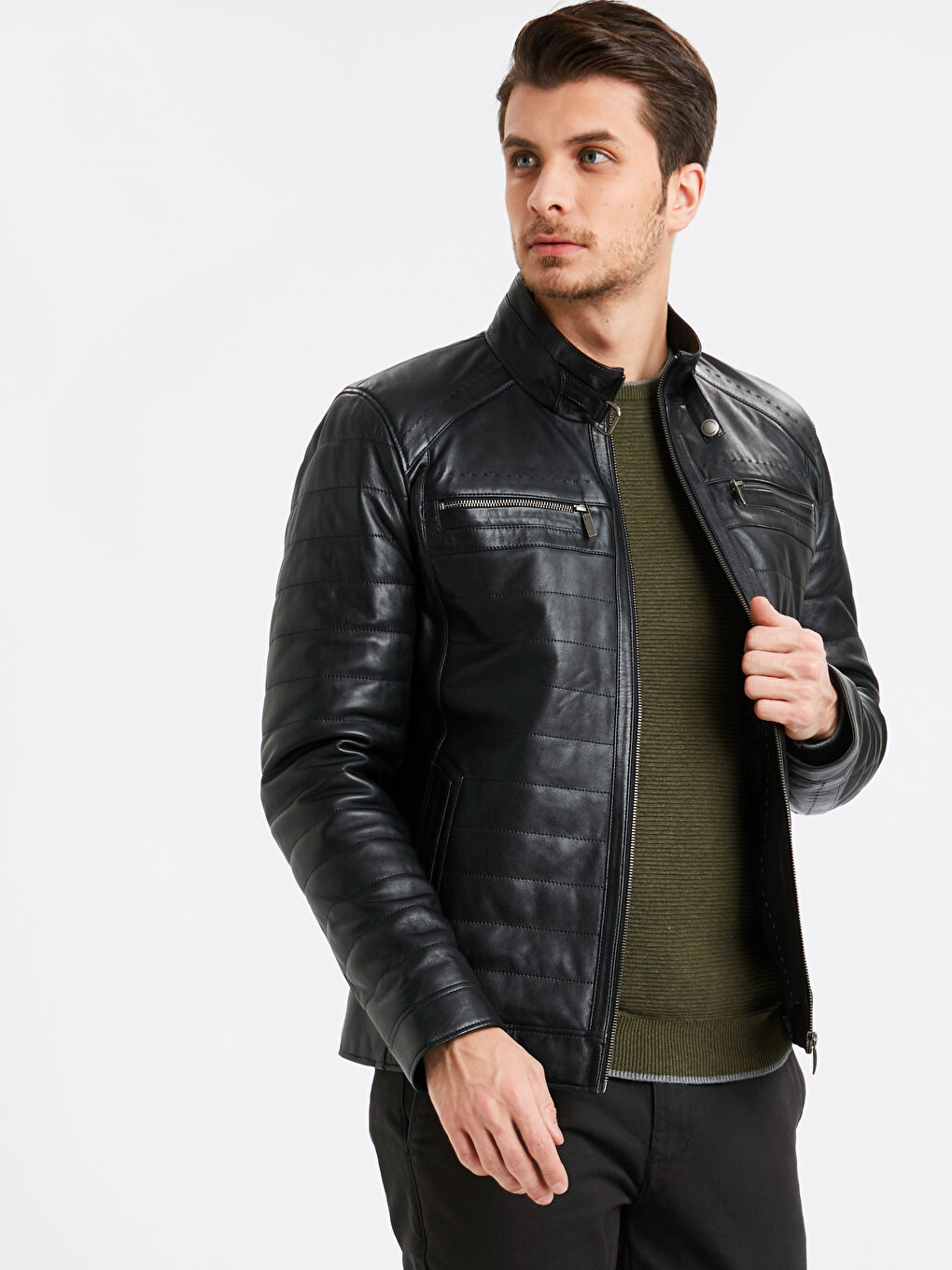 Siyah Standart Kalıp Dik Yaka İnce Hakiki Deri Erkek Mont