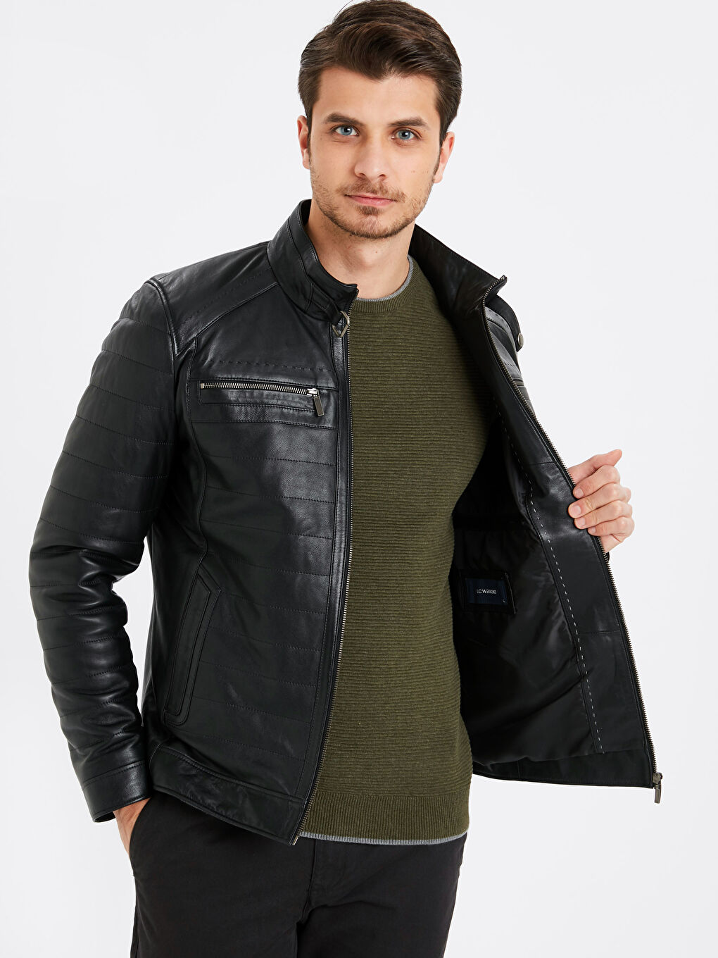 Siyah Standart Kalıp Dik Yaka İnce Hakiki Deri Erkek Mont-1