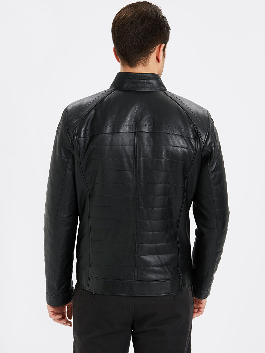 Siyah Standart Kalıp Dik Yaka İnce Hakiki Deri Erkek Mont-2