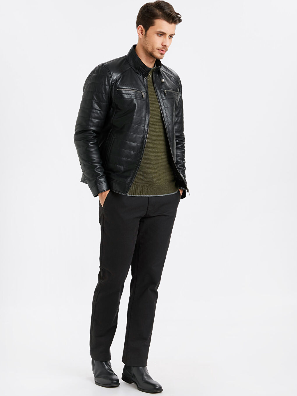 Siyah Standart Kalıp Dik Yaka İnce Hakiki Deri Erkek Mont-3