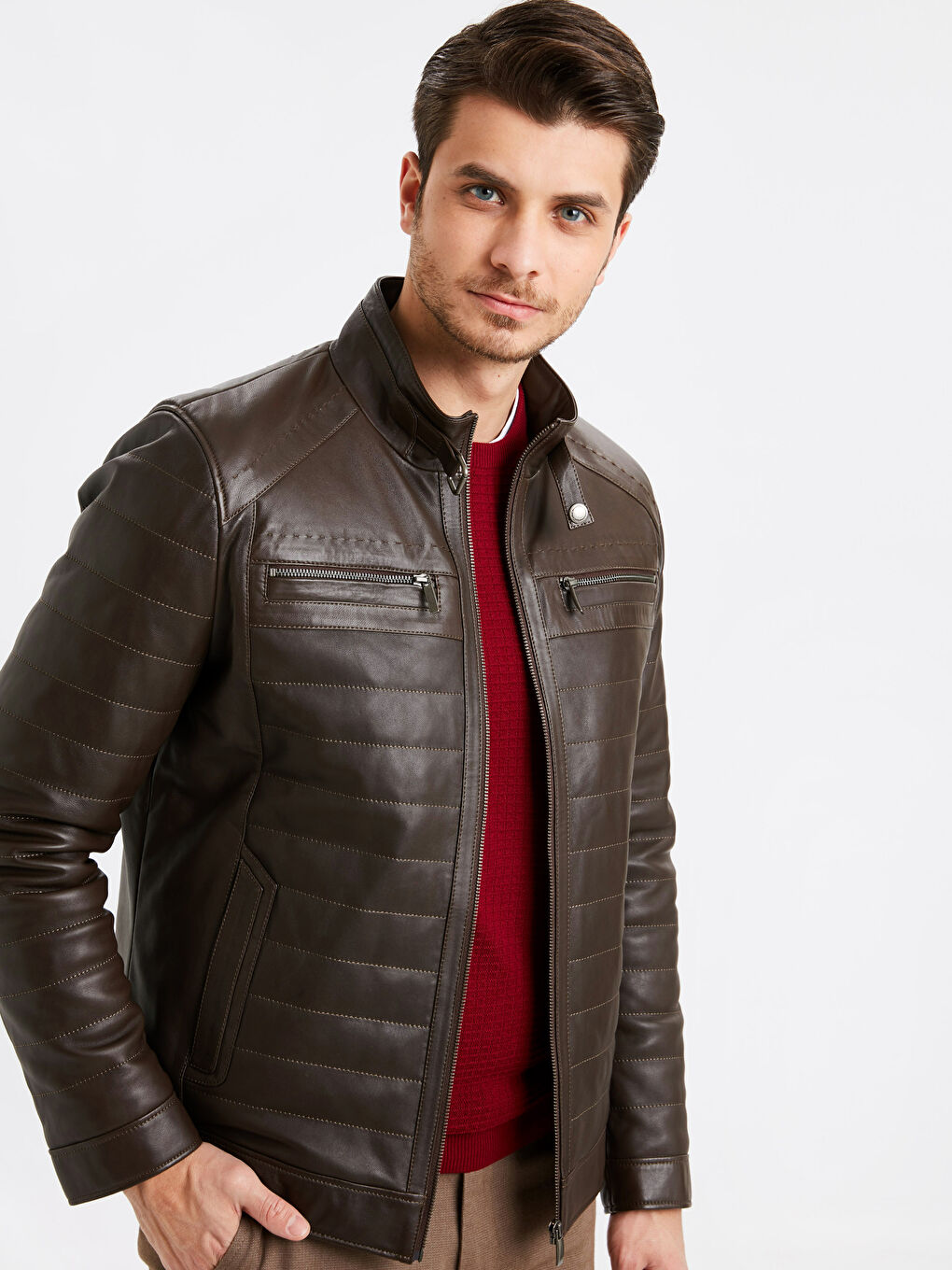 Kahverengi Standart Kalıp Dik Yaka İnce Hakiki Deri Erkek Mont