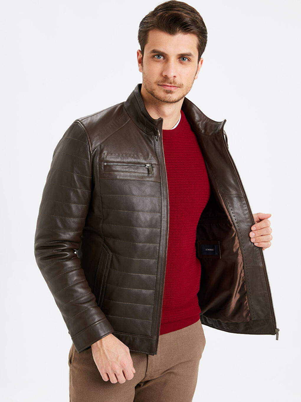 Kahverengi Standart Kalıp Dik Yaka İnce Hakiki Deri Erkek Mont-1