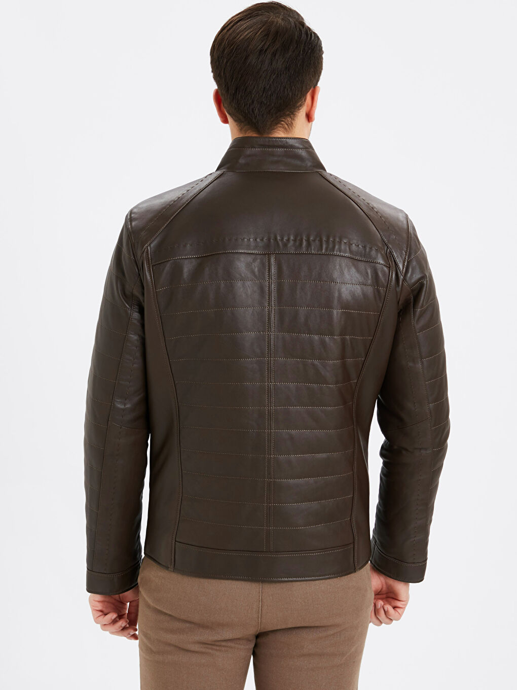 Kahverengi Standart Kalıp Dik Yaka İnce Hakiki Deri Erkek Mont-2