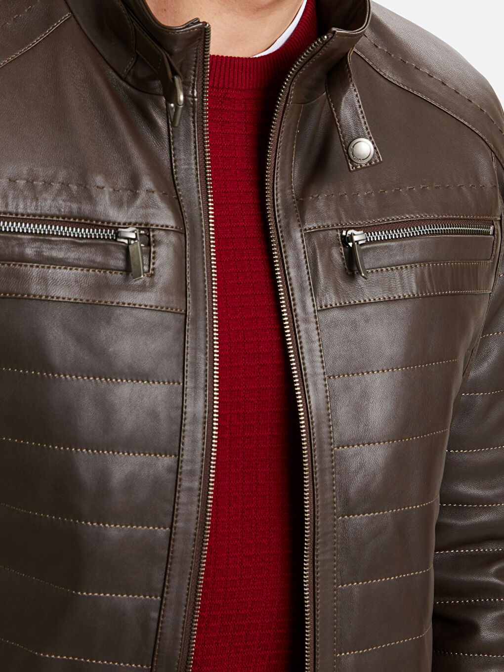 Kahverengi Standart Kalıp Dik Yaka İnce Hakiki Deri Erkek Mont-4