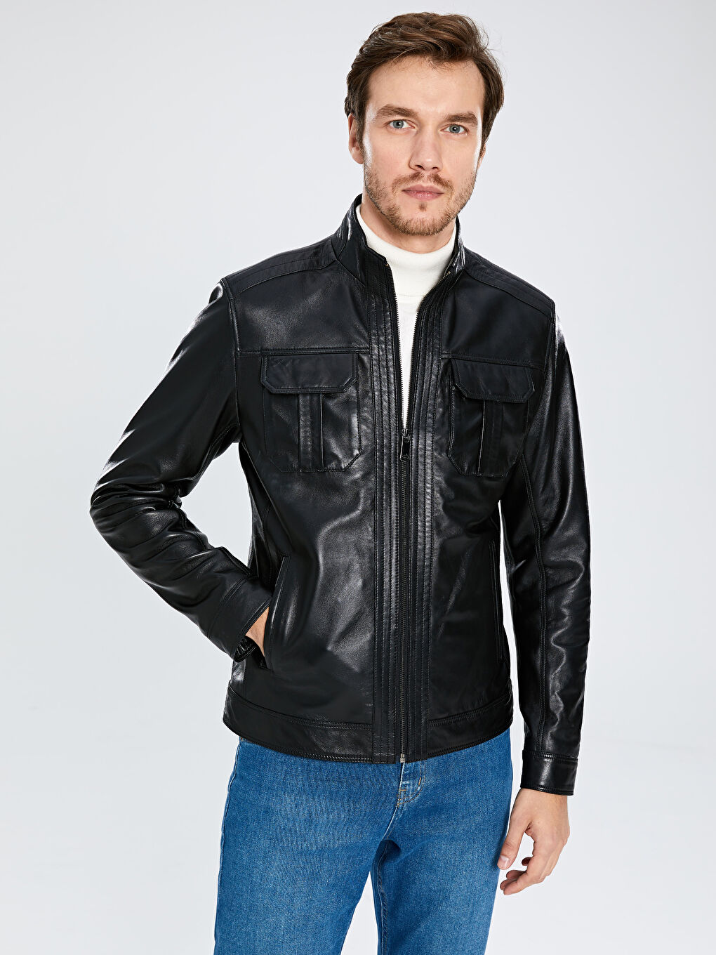 Siyah Standart Kalıp Dik Yaka İnce Hakiki Deri Erkek Mont