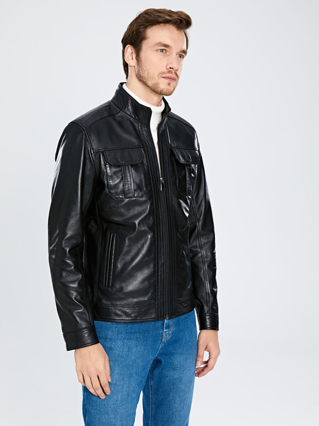 Siyah Standart Kalıp Dik Yaka İnce Hakiki Deri Erkek Mont-2