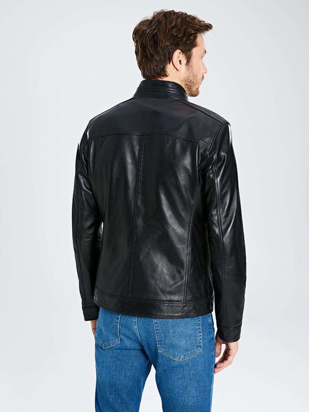 Siyah Standart Kalıp Dik Yaka İnce Hakiki Deri Erkek Mont-3