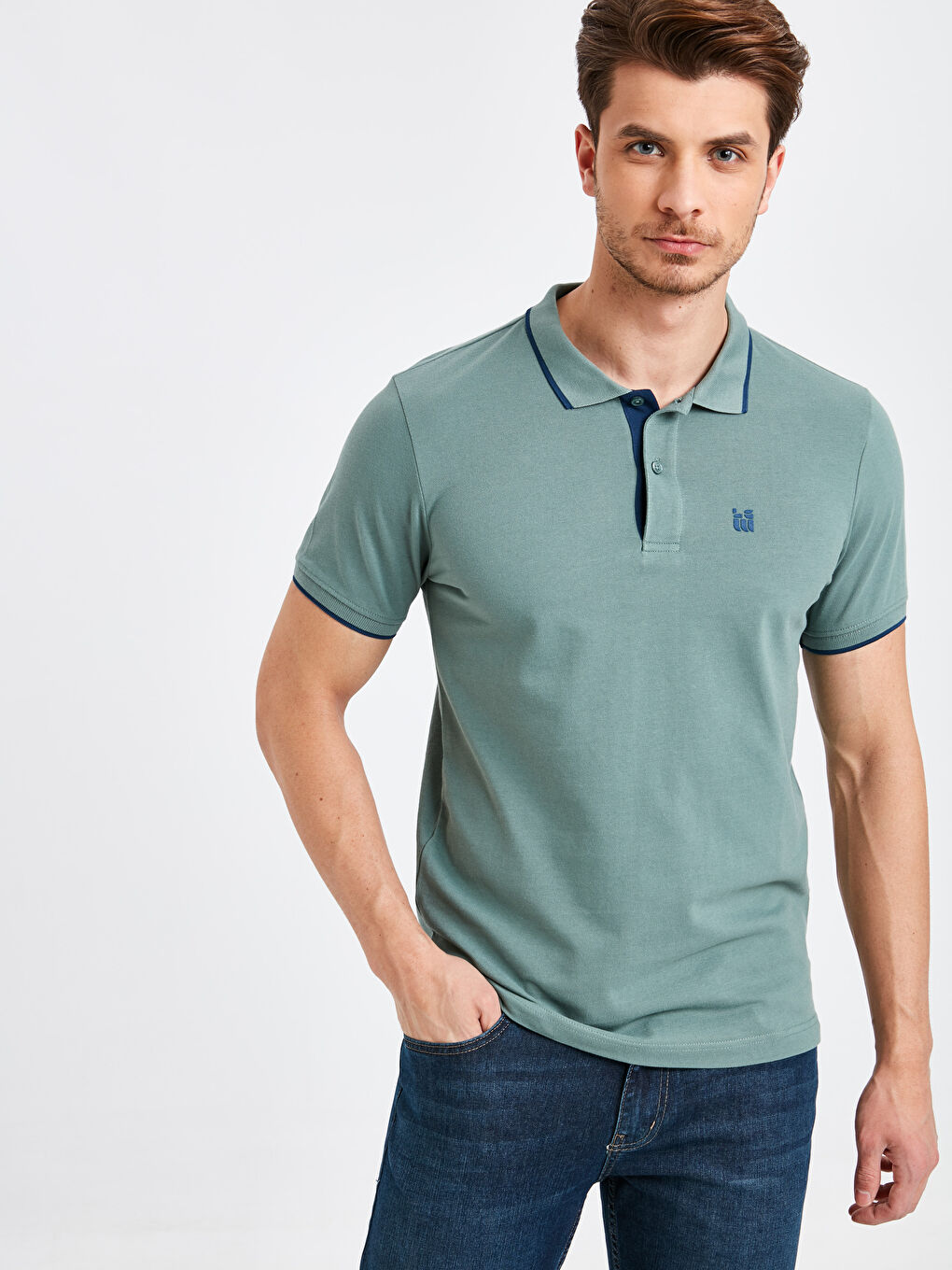 Yeşil Polo Yaka Basic Kısa Kollu Pike Tişört