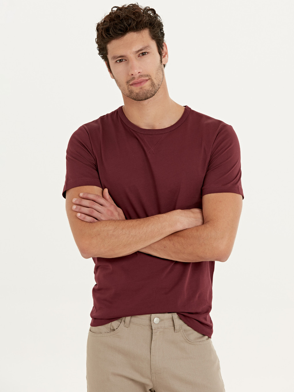 Bordo Bisiklet Yaka Kısa Kollu Basic Tişört-1