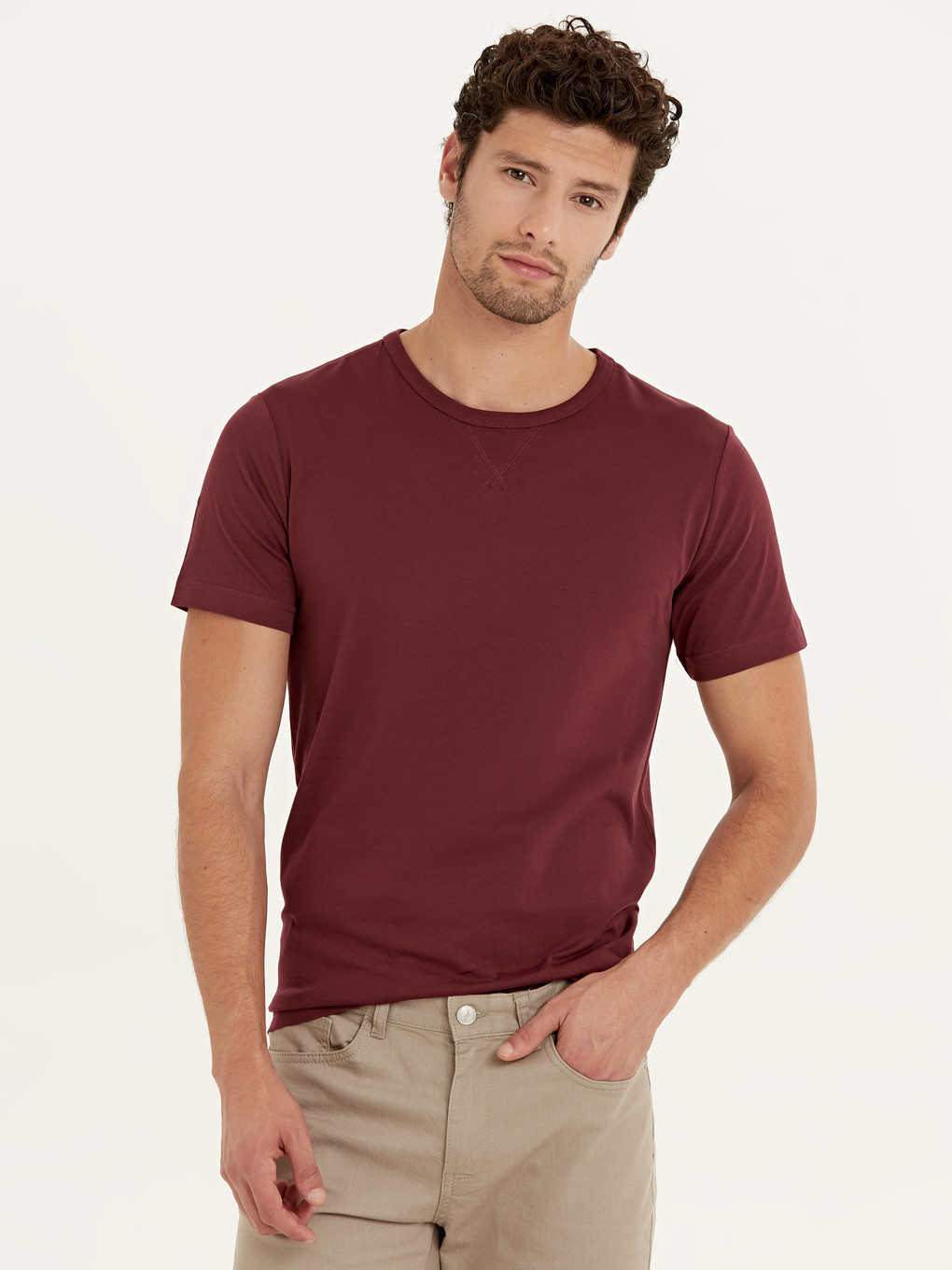 Bordo Bisiklet Yaka Kısa Kollu Basic Tişört-2