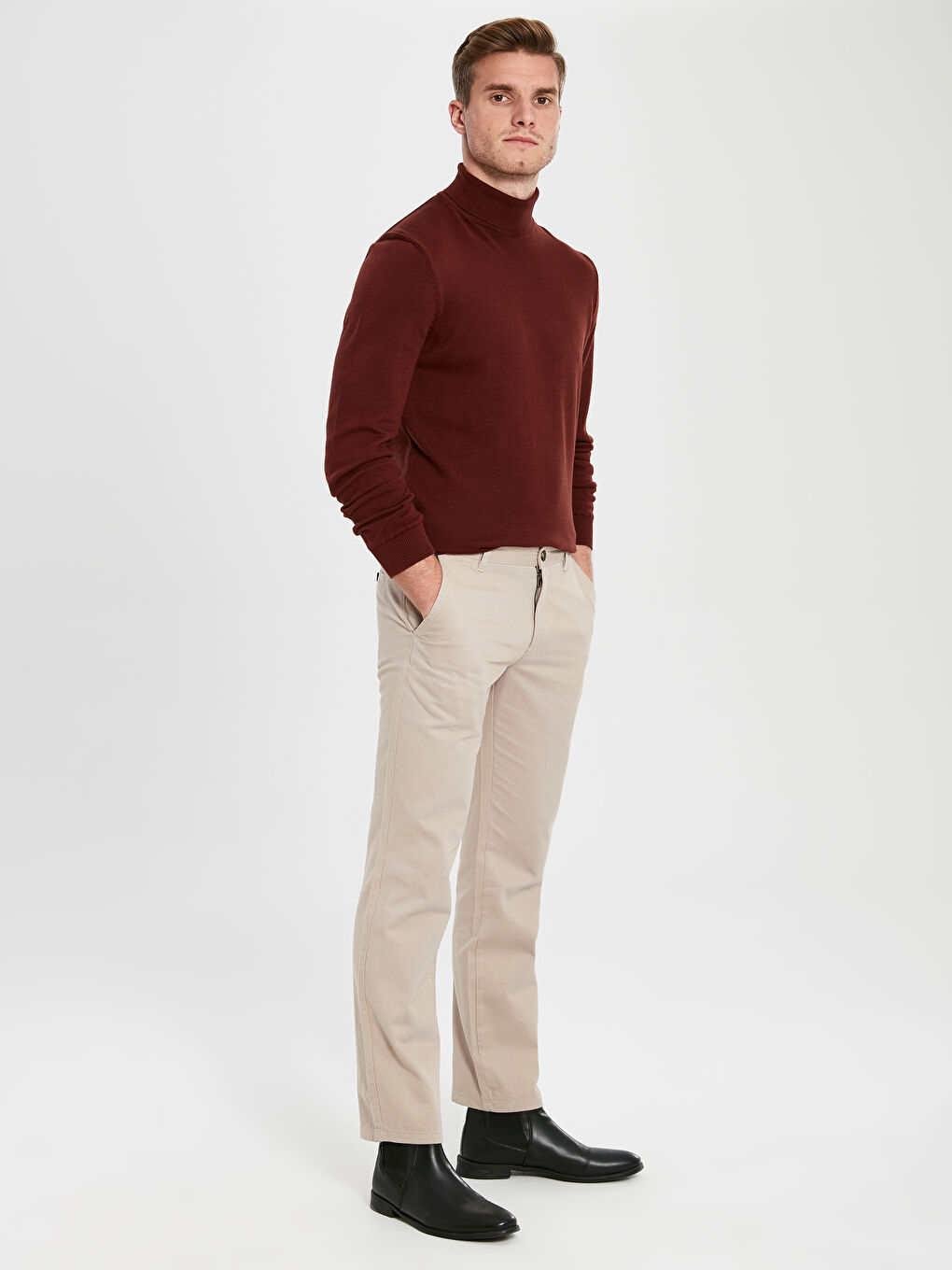 Bej Geniş Kalıp Gabardin Erkek Chino Pantolon-1