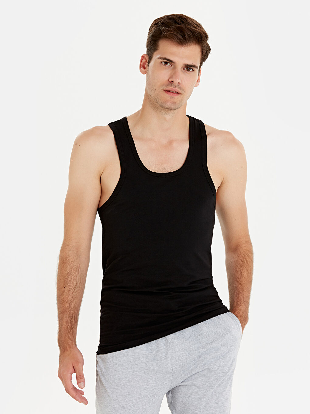 Siyah Bisiklet Yaka Penye Erkek Atlet