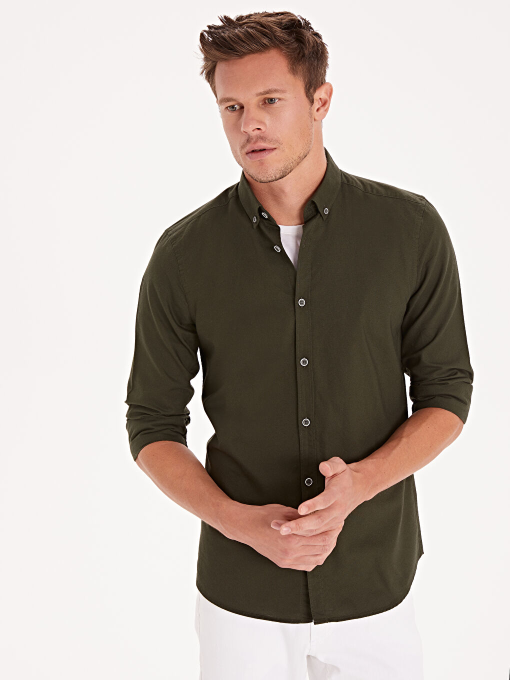 Yeşil Slim Fit Uzun Kollu Oxford Erkek Gömlek