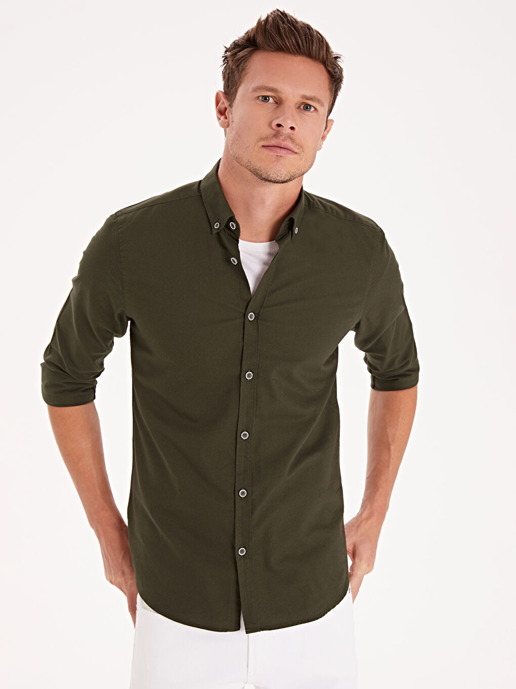 Yeşil Slim Fit Uzun Kollu Oxford Erkek Gömlek-1