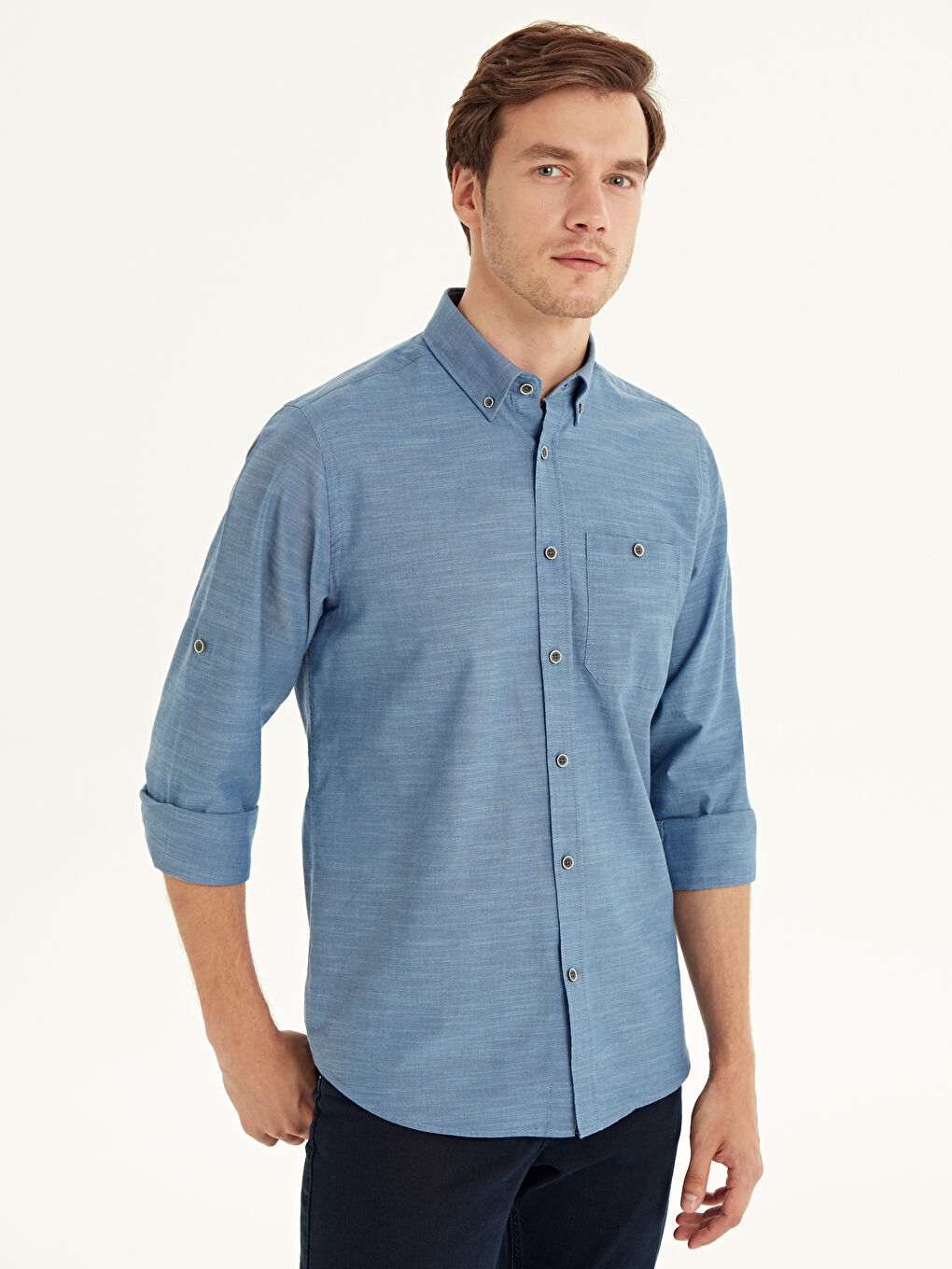 Lacivert Regular Fit Uzun Kollu Poplin Gömlek