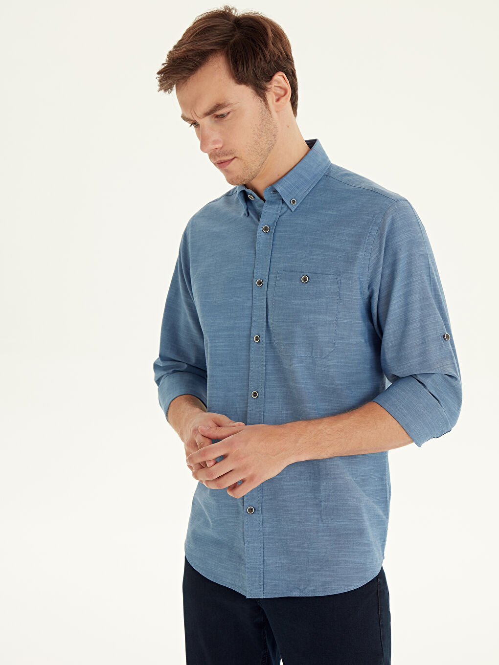 Lacivert Regular Fit Uzun Kollu Poplin Gömlek-1