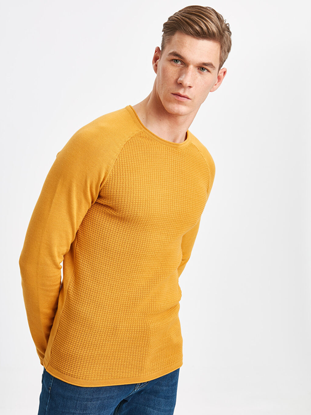 Sarı Bisiklet Yaka Uzun Kollu İnce Erkek Triko Kazak