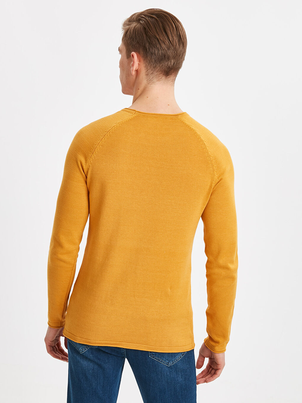 Sarı Bisiklet Yaka Uzun Kollu İnce Erkek Triko Kazak-1